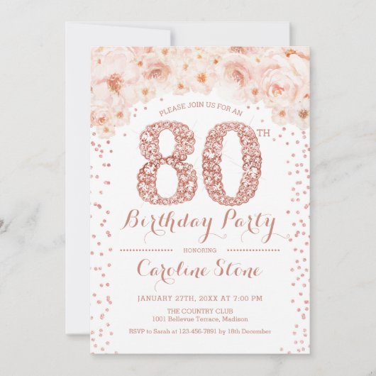 80e verjaardag - White Rose Gold Kaart (Voorkant)