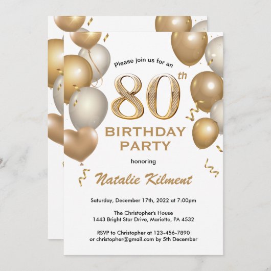80e verjaardag Witte en gouden ballonnen Kaart (Voorkant / Achterkant)