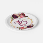 80e verjaardag witte gouden bloem glanzend burgund papieren bordje (Gekanteld)