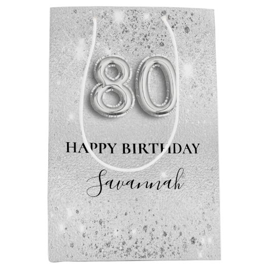 80e verjaardag zilverglitterstofmonogram medium cadeauzakje (Voorkant)