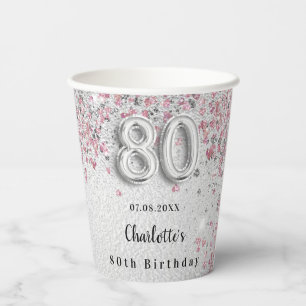 80e verjaardag zilverkleurige roze glitter papieren bekers