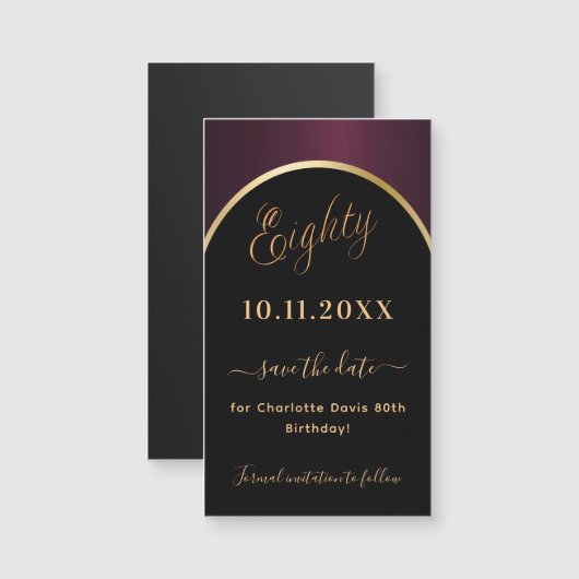 80e verjaardag zwart bordeauxrood Save the Date ma (Voorkant / Achterkant)