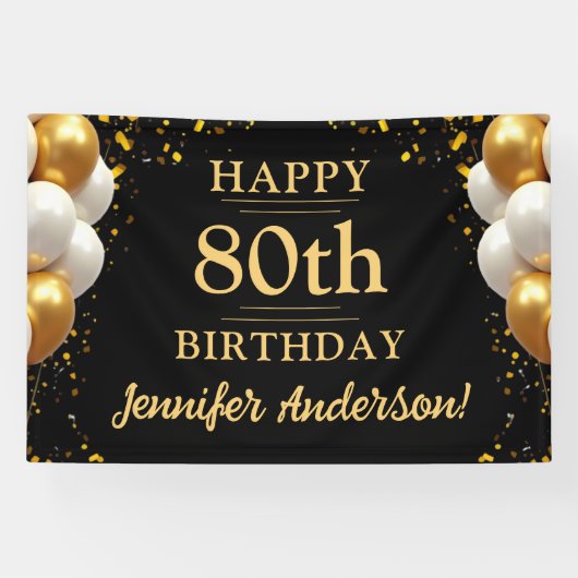 80e verjaardag zwart en goud spandoek (Horizontaal)