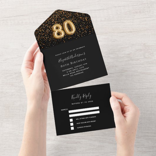 80e verjaardag zwart goud confetti RSVP All In One Uitnodiging (Afscheurbaar)