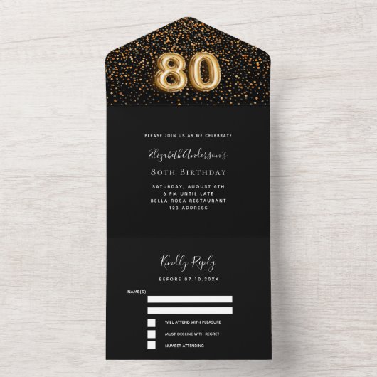 80e verjaardag zwart goud confetti RSVP All In One Uitnodiging (Binnen)