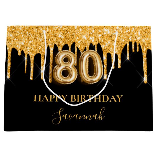 80e verjaardag zwart goud glitter druppelt naam groot cadeauzakje (Voorkant)