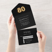 80e verjaardag zwart goud RSVP All In One Uitnodiging (Afscheurbaar)