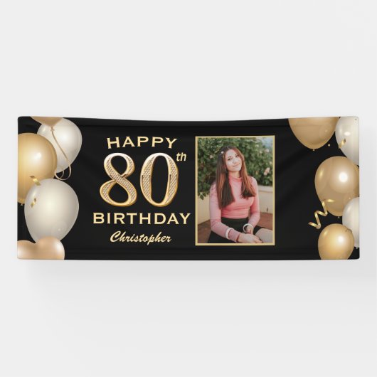 80e verjaardag Zwarte en gouden ballonnen Foto Spandoek (Horizontaal)