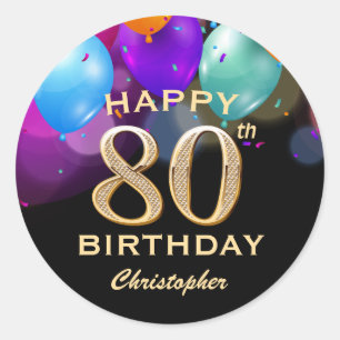 80e verjaardag Zwarte en gouden ballonnen Ronde Sticker