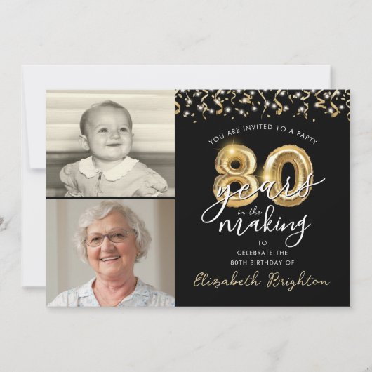 80e Verjaardag Zwarte Gouden Ballonnen 2 Foto's Kaart (Voorkant)