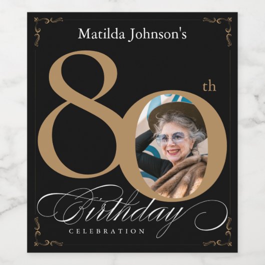 80e verjaardag zwarte goudkalligrafie Aangepaste f Wijn Etiket (Enkel label)