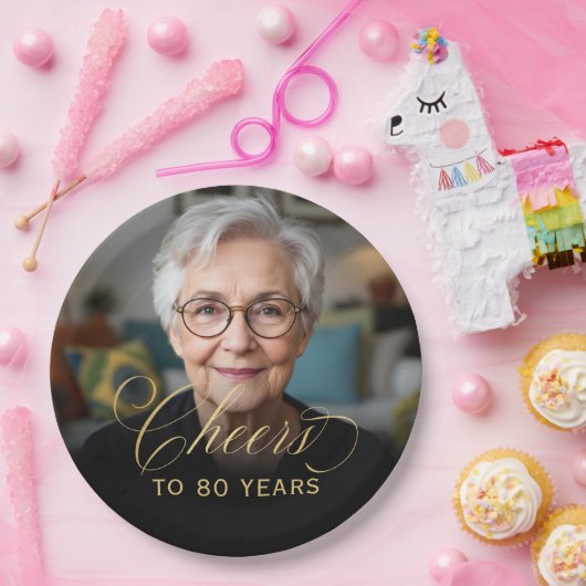 80e Verjaardagsfeest Foto Gold Script Cheers Papieren Bordje (Feest)