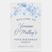 80e Verjaardagsfeest Welkom Blauw Roos Bloemen Acryl Bord (Voorkant)