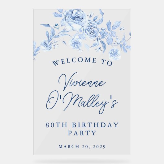 80e Verjaardagsfeest Welkom Blauw Roos Bloemen Acryl Bord (Voorkant)