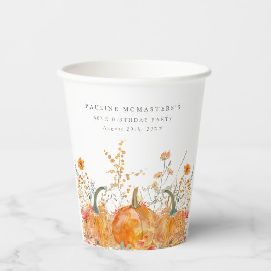 80e verjaardagsfeestje pompoen Wildflower Custom Papieren Bekers (Voorkant)