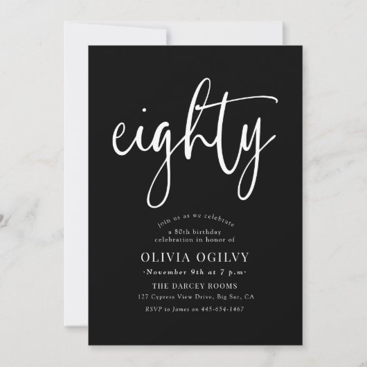 80e Wit op Black Birthday Party Modern Script Kaart (Voorkant)