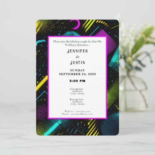 80s 90s Neon Retro Pattern Wedding Invitation (Debout devant)
