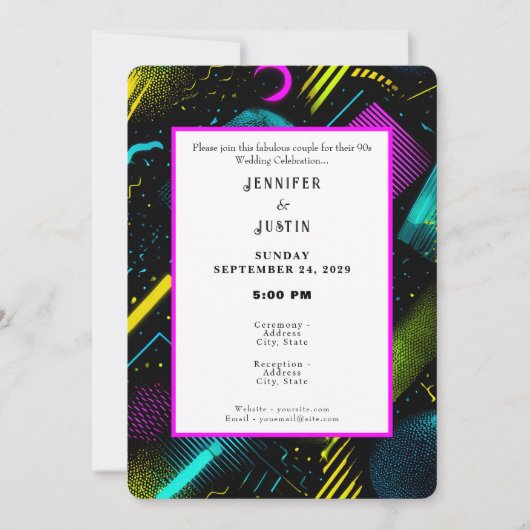 80s 90s Neon Retro Pattern Wedding Invitation (Devant)