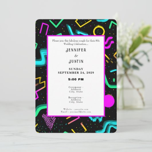 80s 90s Neon Retro Pattern Wedding Invitation Kaart (Staand voorkant)