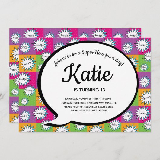 80s 90s Roze Comic Super Hero Throw Back Kaart (Voorkant / Achterkant)