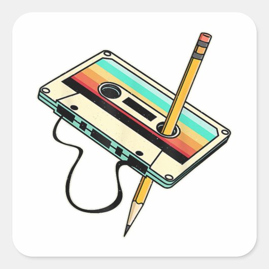 80s Cassettebandje Potlood 1980s Retro Drow Vierkante Sticker (Voorkant)
