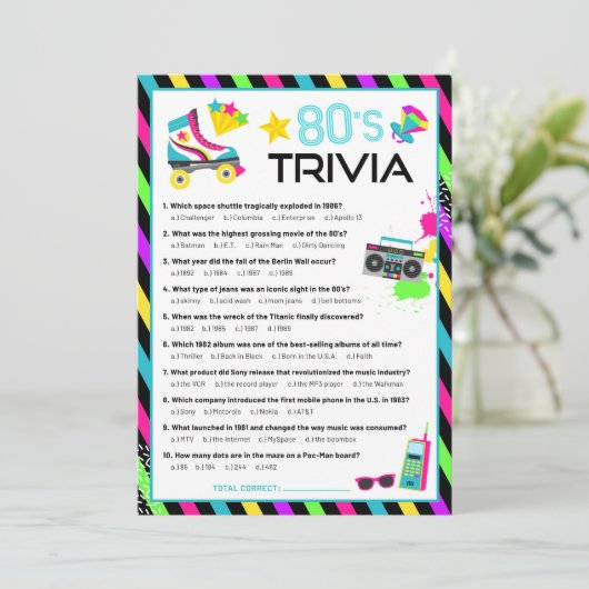 80s Decennium Trivia Feestspel Kaart (Staand voorkant)