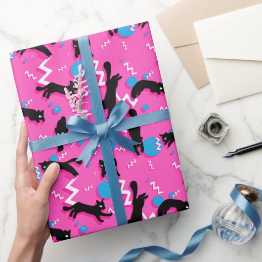 80s Katten Black Pink Geometric Memphis Pattern Cadeaupapier (Geschenken)