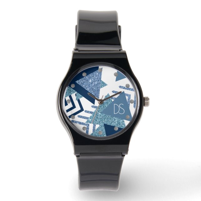 80s Luxe Abstract | Turquoise en Navy Monogram Horloge (Voorkant)