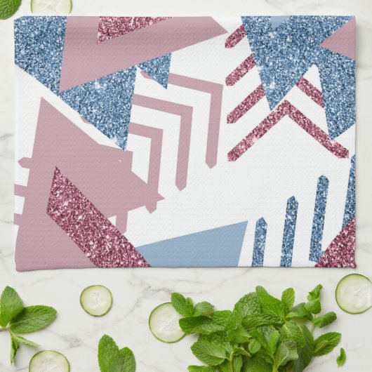 80s Maan Abstract | Dusty Mauve Roze en blauw Theedoek (Gevouwen)