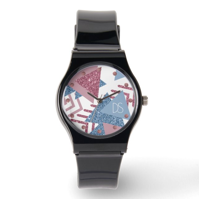 80s Maan Abstract | Dusty Pink and Blue Custom Horloge (Voorkant)