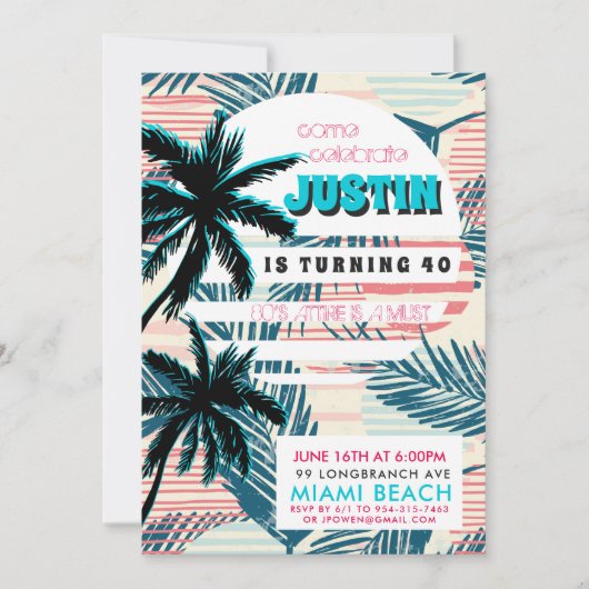 80s Miami verjaardagsfeestje uitnodiging (Voorkant)