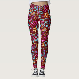  80's Neon Light Pattern 01x4 DRed BG Leggings