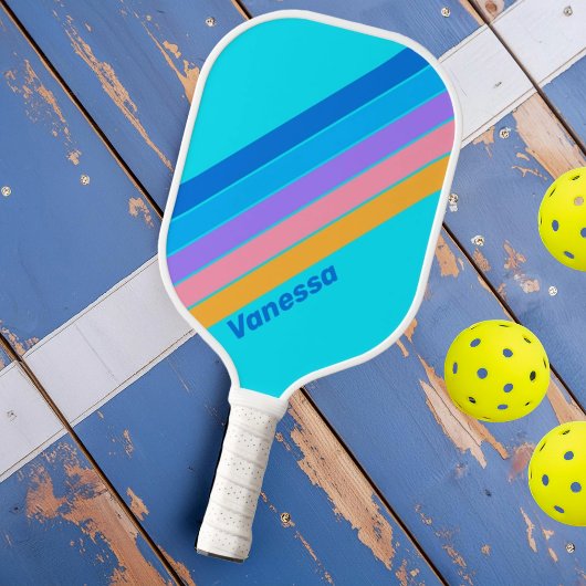 80s Neon Ocean Sky Gestreept met Naam Pickleball Paddle