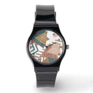 80s Retro Abstract   70s Groene en Gouden Monogram Horloge