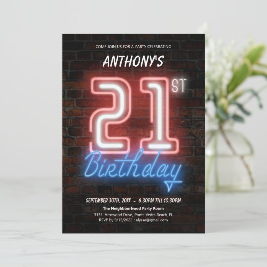 80s Retro Fun Neon Sign 21st Birthday Custom Kaart (Staand voorkant)