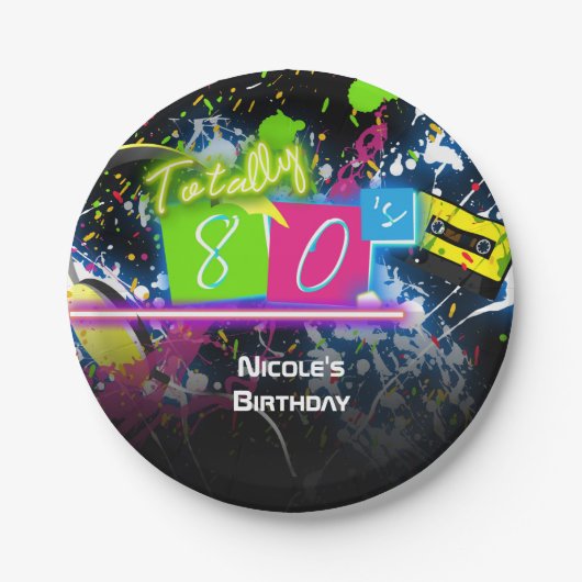 80's Retro Fun Verjaardagsfeest Neon Glow Splatter Papieren Bordje (Voorkant)