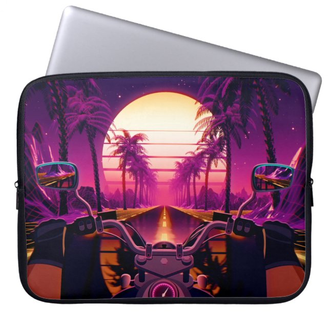 80s retro futuristic sci-fi achtergrond met motor laptop sleeve (Voorkant)