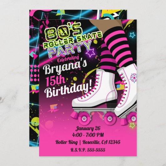 80's Retro Roller Skating Schaats Dark Skin Party Kaart (Voorkant / Achterkant)