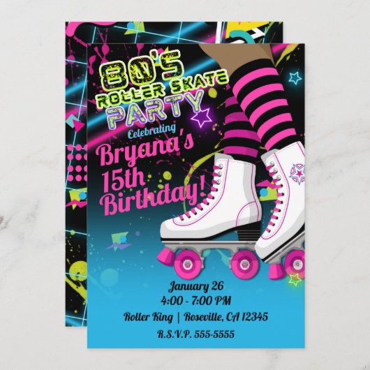 80's Retro Roller Skating Schaats Dark Skin Party Kaart (Voorkant / Achterkant)
