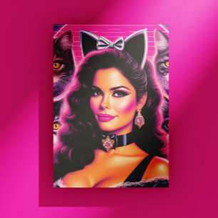 80s Retrowave Kat Vrouw Briefkaart