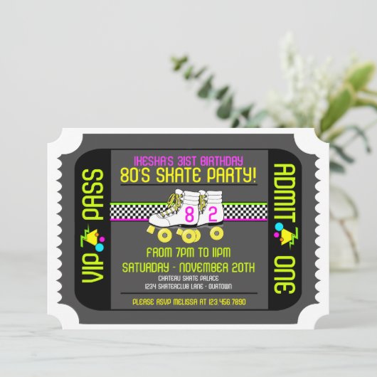 80s Rollerskate Ticket Style Party-uitnodigingen Kaart (Staand voorkant)