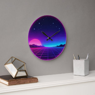 80s Synthwave Neon Zonsondergang Cirkel Geometrisc Grote Klok
