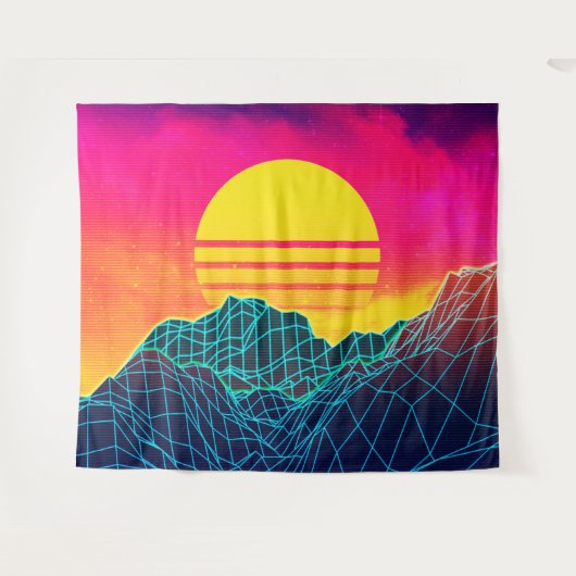 80s Vaporwave landschap met neon bergen Wandkleed (Voorkant (horizontaal))