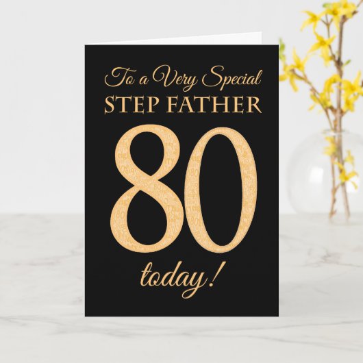 80ste Gouden Effect op Zwart, Stap Vader Verjaarda Kaart (Gele Bloem)