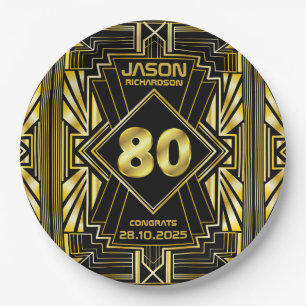 80ste verjaardag Art Deco Gold Black Grote Gatsby Papieren Bordje