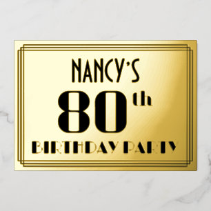80ste verjaardag: Art Deco Kijk "80" en naam Folie Uitnodiging