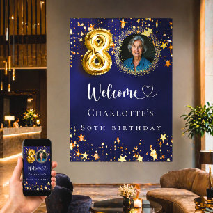 80ste verjaardag blauwe gouden sterren foto welkom poster