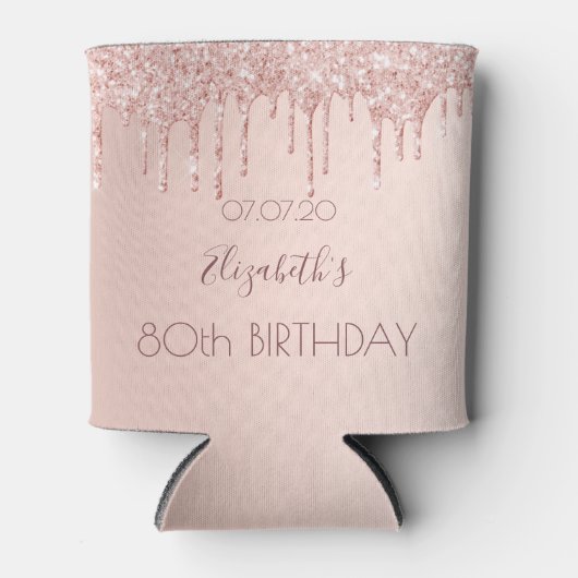 80ste verjaardag blozen roze gouden druip naam blikjeskoeler (Voorkant)
