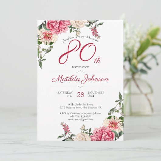 80ste verjaardag Elegant Bloemen Roze Rood Custom  Kaart (Staand voorkant)