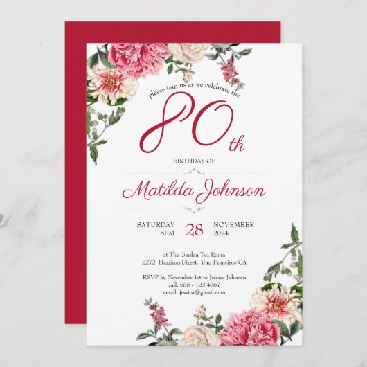 80ste verjaardag Elegant Bloemen Roze Rood Custom  Kaart (Voorkant / Achterkant)
